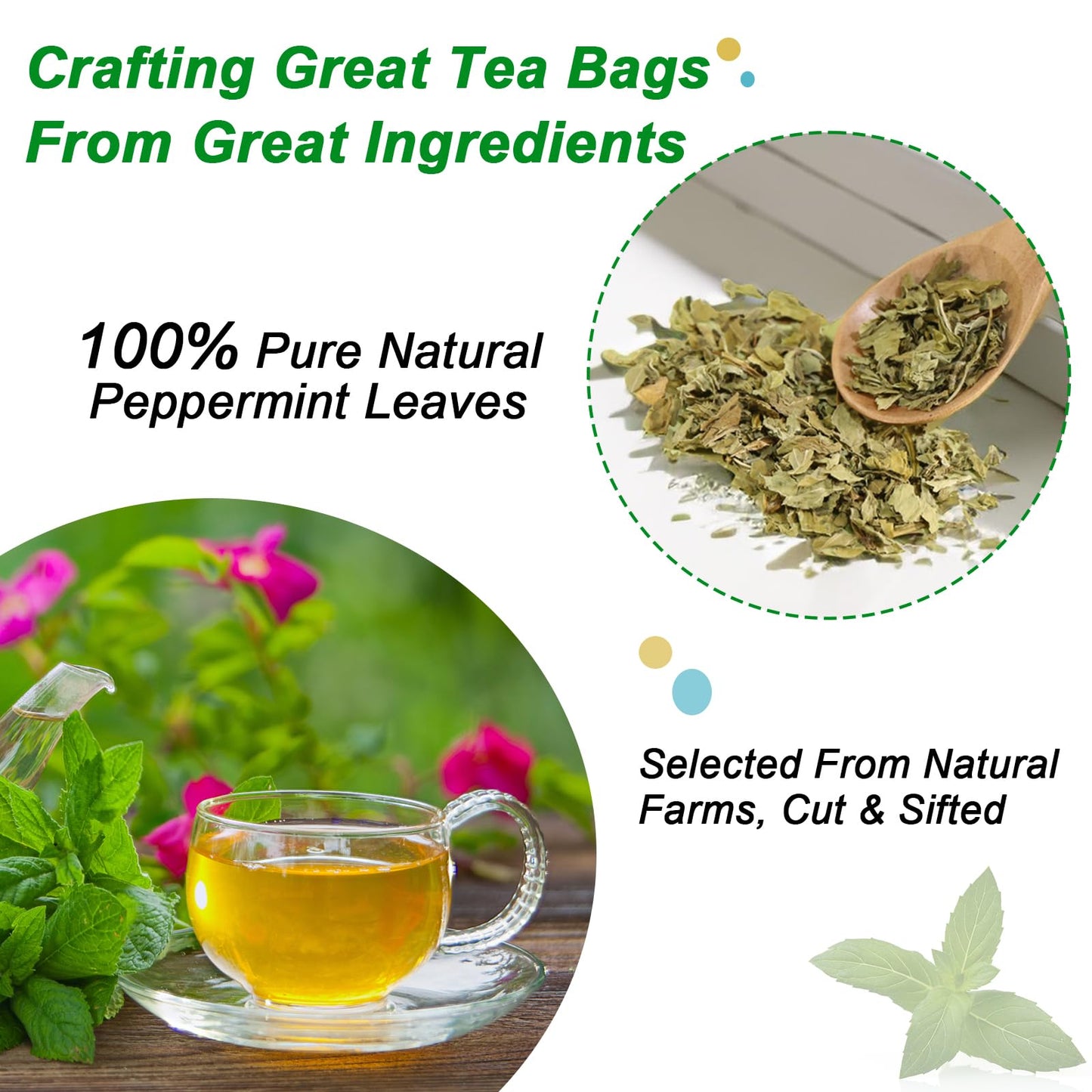 FullChea Peppermint Tea Bags - 50 Count - Premium Non-GMO Caffeine-free - Refreshing & Minty Taste
