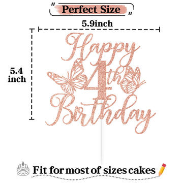Rose Gold Glitter Butterfly Happy 4Th Birthday Cake Topper & Party Decorations For Girls