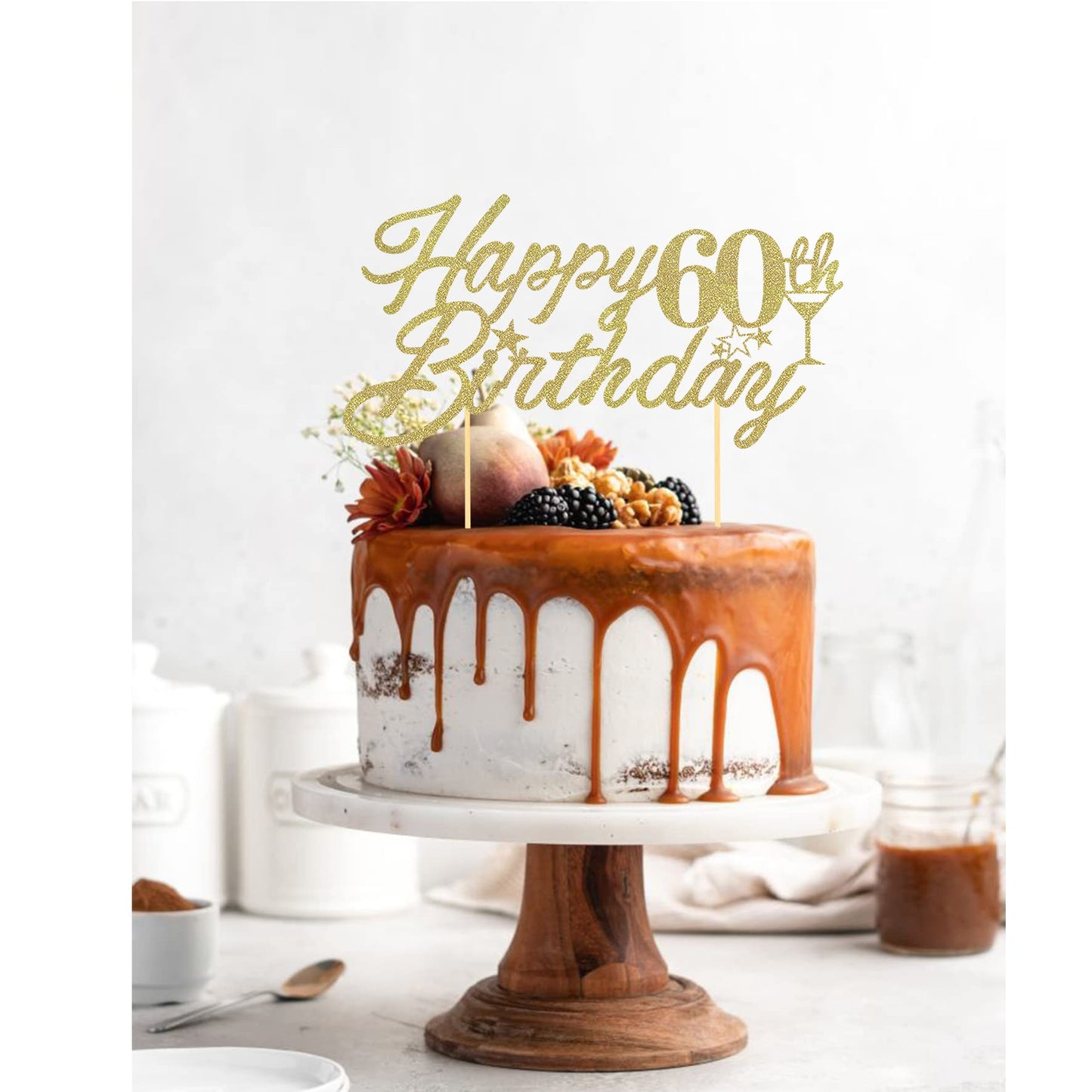 Gold Glitter Happy 60Th Birthday Cake Topper, 60Th Birthday Cake Topper For Celebrating Sixty Years Old Anniversary/Birthday Par
