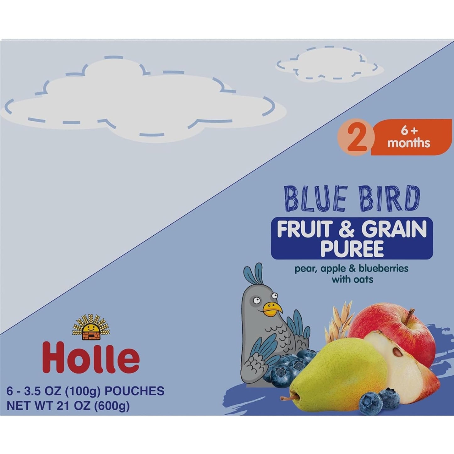 Holle Organic Baby Food Pouches - Blue Bird Baby Puree With Pear, Apple, Blueberry & Oat - (6 Pack) Organic Baby Snacks + Fruit And Veggie Pouches For Weaning Babies 6 Months And Older