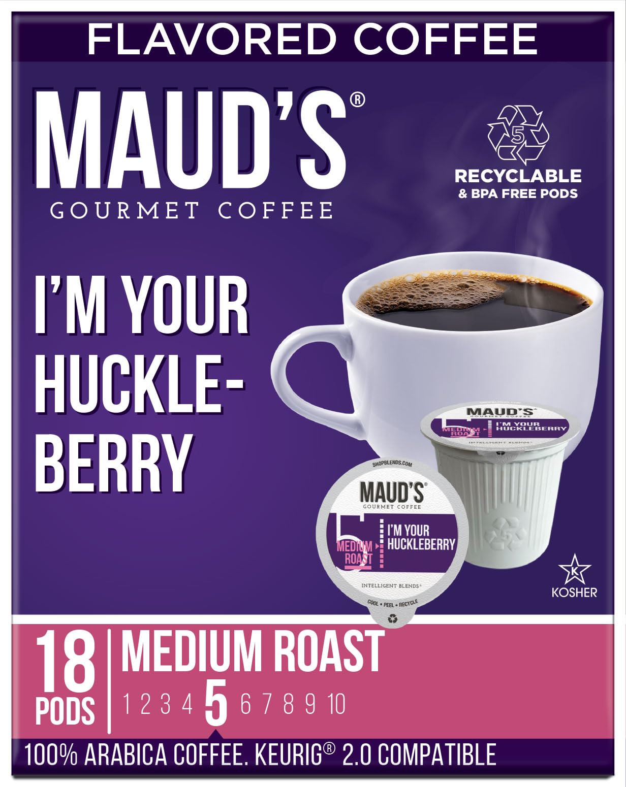 MAUDS Huckleberry Coffee Pods, 100% Arabica, 18 Count, KCup Compatible, Recyclable, Holiday Flavored