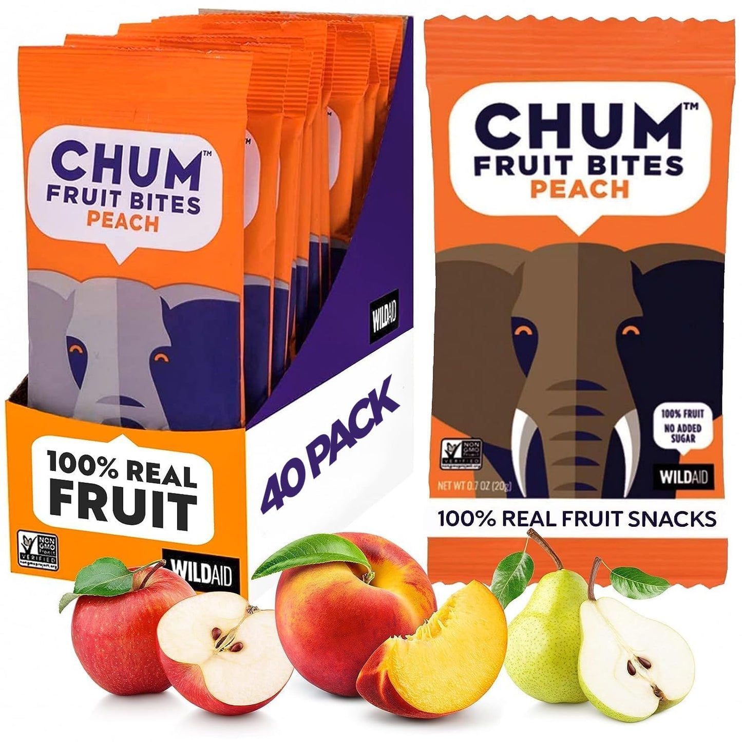 Chum Fruit Bites 100% Real Fruit Snacks | Peach, 40 Pack | Non-GMO, No Added Sugar or Preservatives | Top 12 Allergen and School