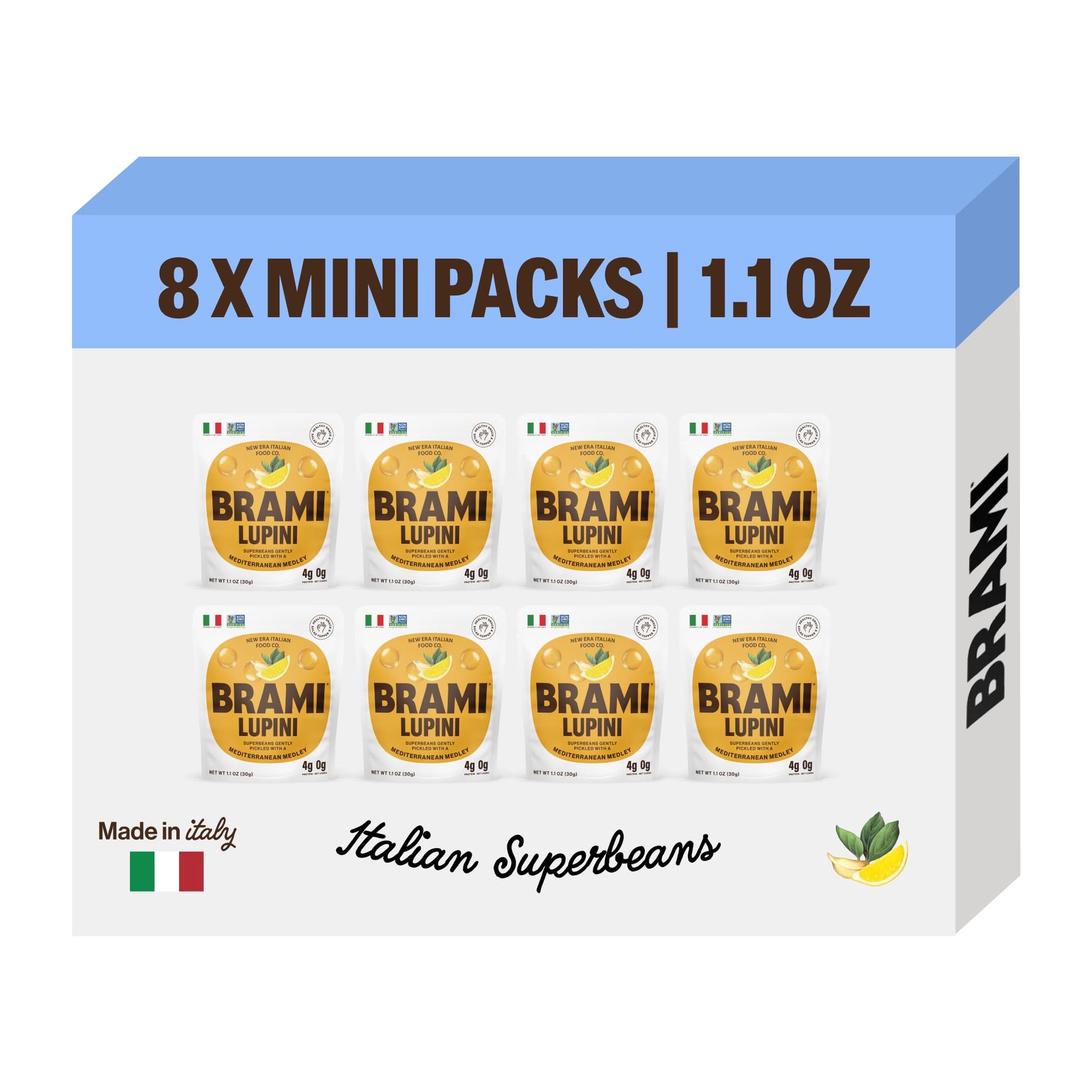 Brami Lupini Beans Snack, Mediterranean Medley | 7G Plant Protein, 0G Net Carbs | Vegan, Vegetarian, Keto, Plant Based, Mediterranean Diet | 1.1 Ounce (Pack Of 8)