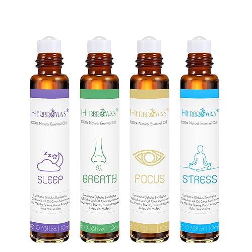 Herbromas Aromatherapy Oils Roller Set, Natural Pre-Diluted Essential Oils Roll On With Glass Rollerball, Relaxation Gift For Wo
