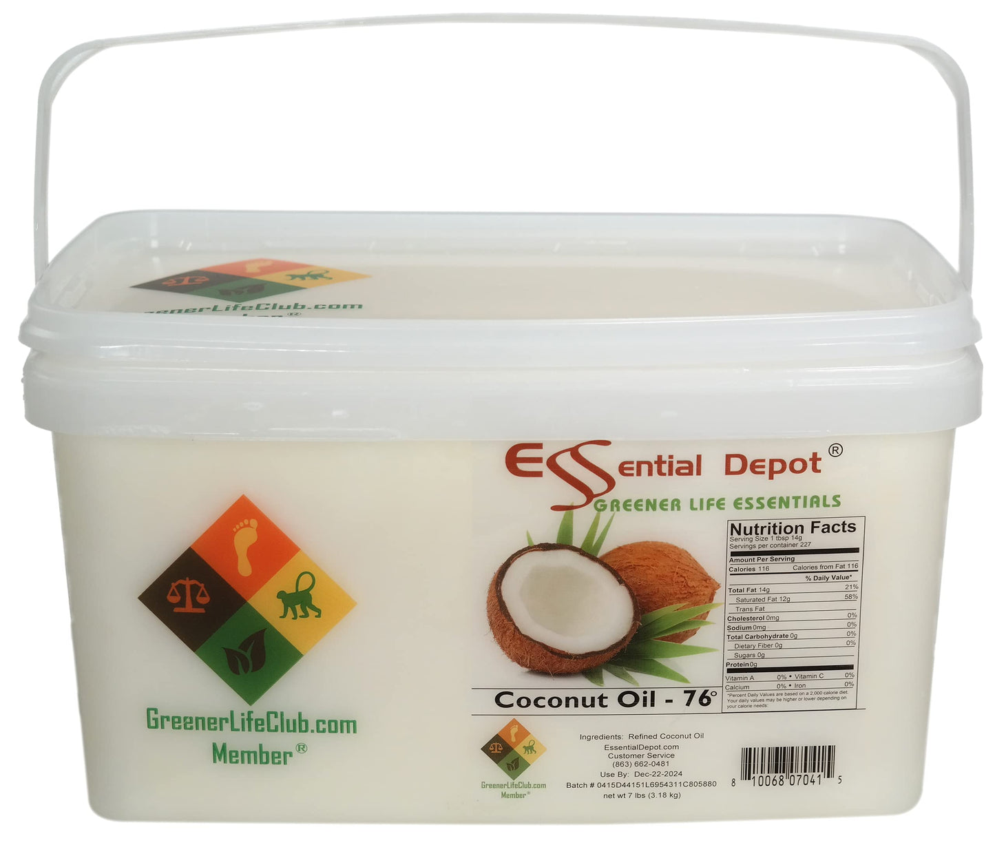 Coconut Oil 76F - Food Grade - 7 lb in PP microwavable container, resealable lid & removable handle