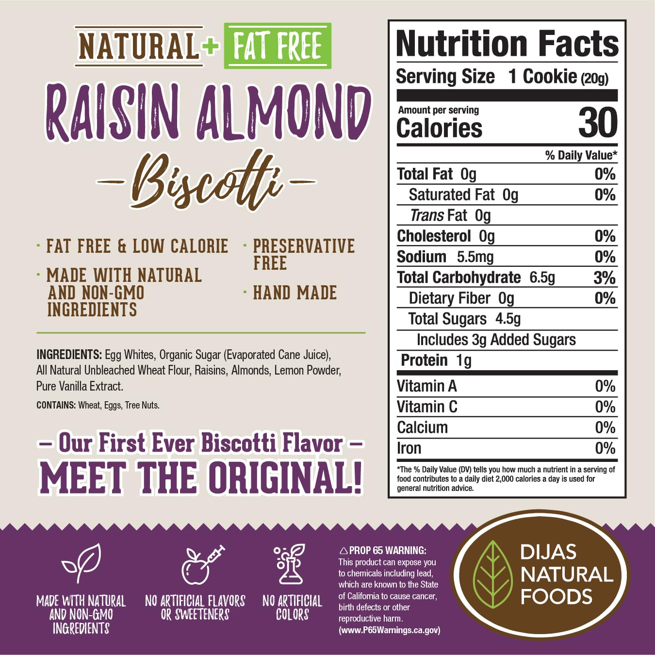 Dijas Natural Foods, Individually Wrapped Fat Free Biscotti Cookie, All Natural Preservative Free Ingredients, Delicious Low Cal