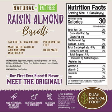 Dijas Natural Foods, Individually Wrapped Fat Free Biscotti Cookie, All Natural Preservative Free Ingredients, Delicious Low Cal