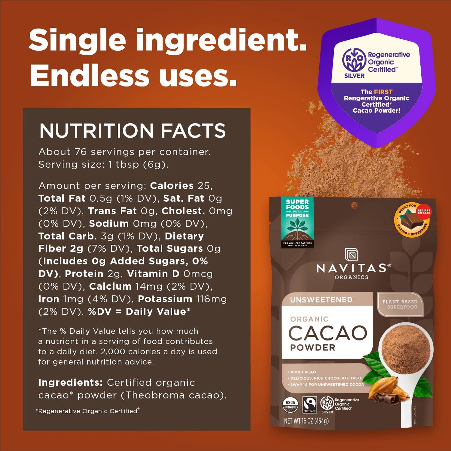 Navitas Organics Cacao Powder - Cocoa Powder Substitute 1:1  For Hot Chocolate  Baking & More - Regenerative Organic Certified  Non GMO  Fairtrade  Gluten Free  Non-alkalized (16oz. Bag  Pack of 2)