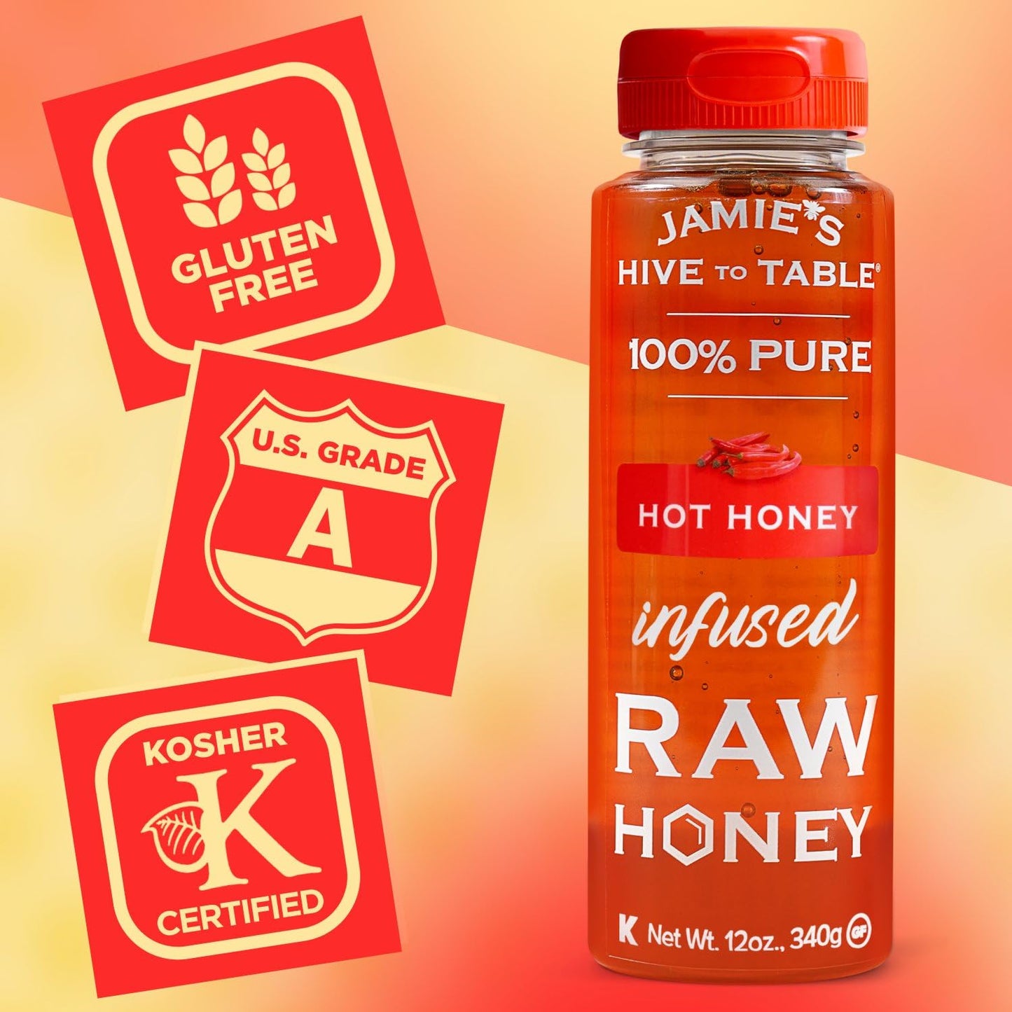 Jamie'S Hive To Table Hot Honey, 12 Oz - 100% Natural Raw Honey Infused With Hot Pepper - Gluten-Free, Non-Gmo - Spicy Kick For