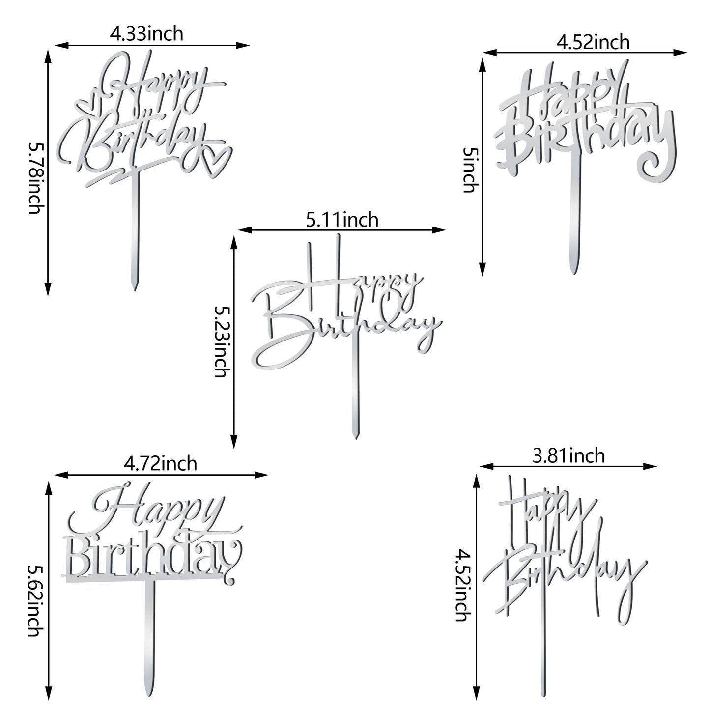 10 Pcs Silver Happy Birthday Cake Topper Acrylic Cupcake Topper Birthday Supplies Decorations