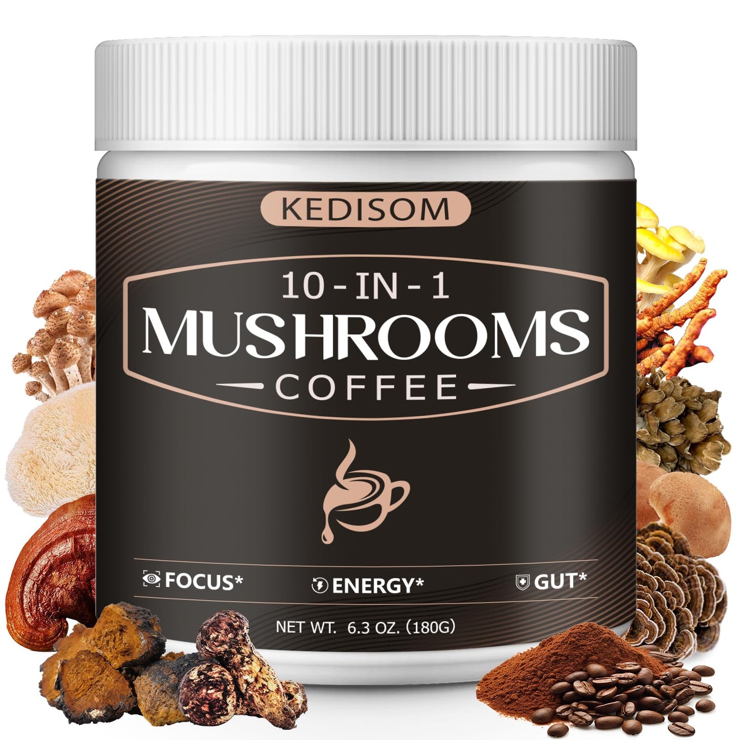 Kedisom 10 In 1 Mushrooms Coffee  Instant Mushroom Coffee Powder With LionS Mane  Cordyceps  Reishi  Shiitake  Turkey Tail  King Tflavor Blendpet  For Focus  Energy  Immunity  180G  60 Servings