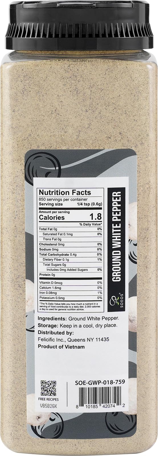 Soeos Ground White Pepper  18oz (510g)  Non-GMO  Kosher Certified  Fresh  Aromatic and All-Natural  White Peppercorns Powder  Perfect for Barbecue  Stir-Fry  Soup