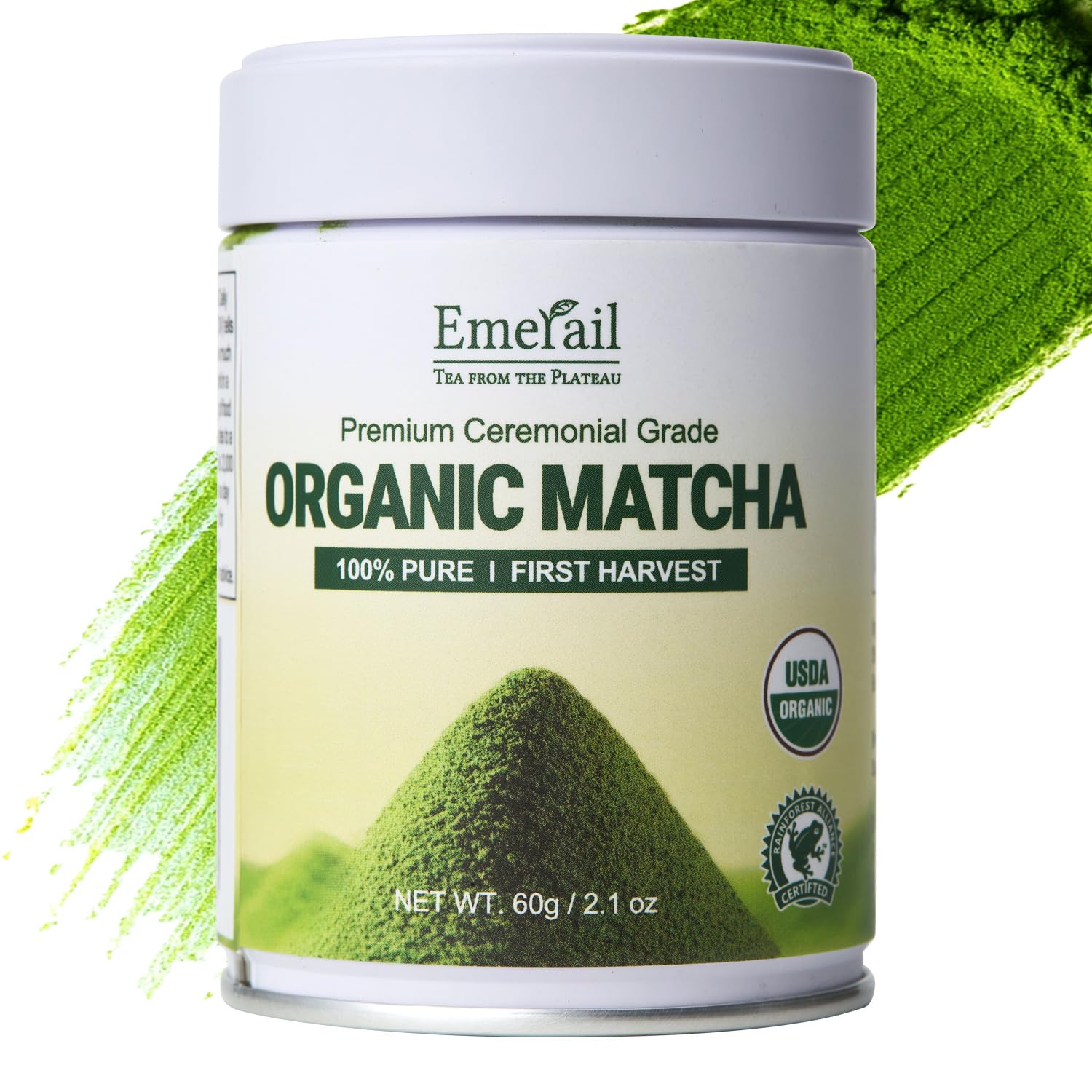 Emerail Matcha Powder Ceremonial Grade  USA Organic Matcha Green Tea Powder  enhanced First Harvest  Sugar-Free Gluten-Free Vegan (60g / 2.1oz)