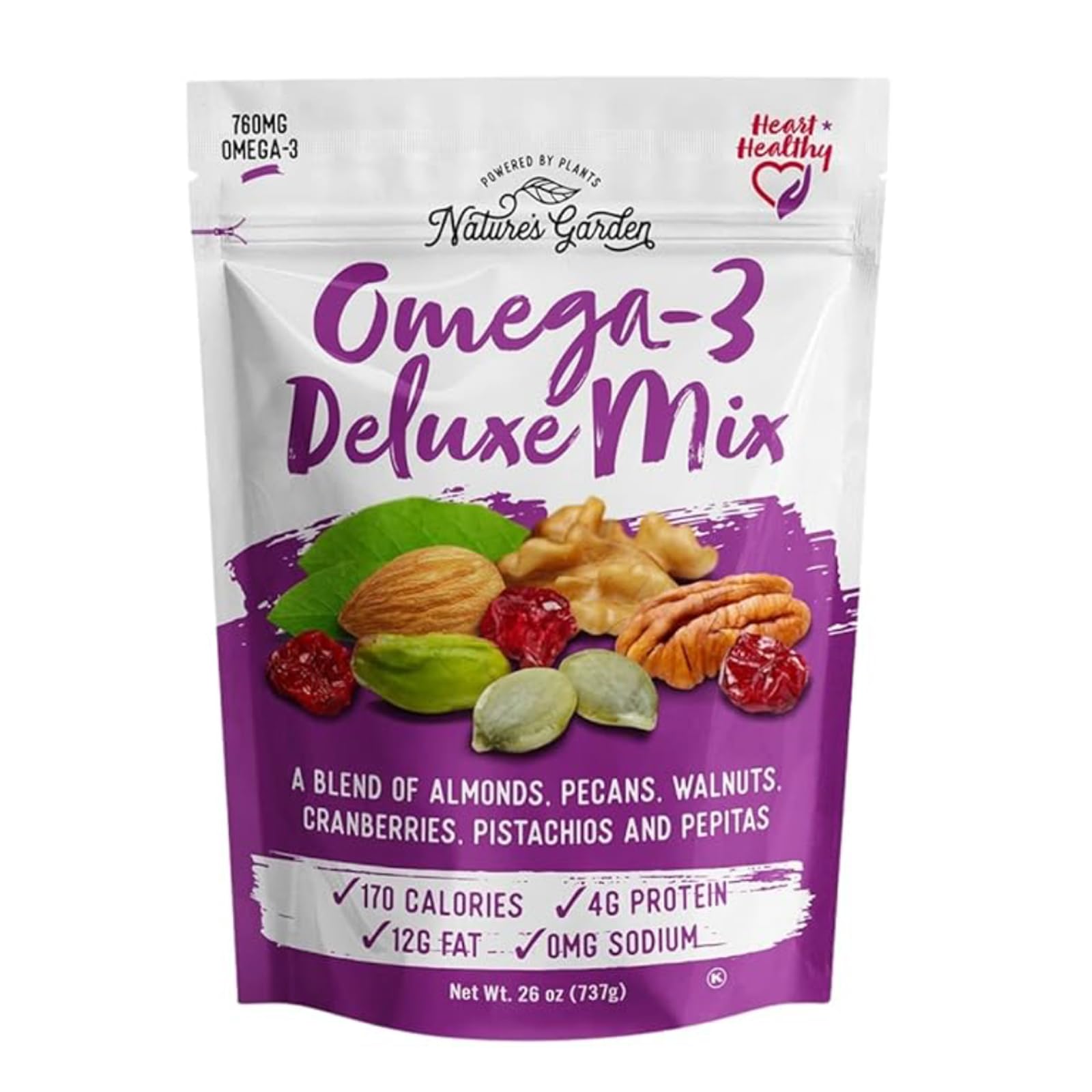 Natures Garden Omega-3 Deluxe Mix – Power Up, Heart Healthy, Gluten Free, Antioxidant Rich, Cholesterol Free, Sodium Free, No Artificial Ingredients – 26 Oz Bag (Pack of 1)
