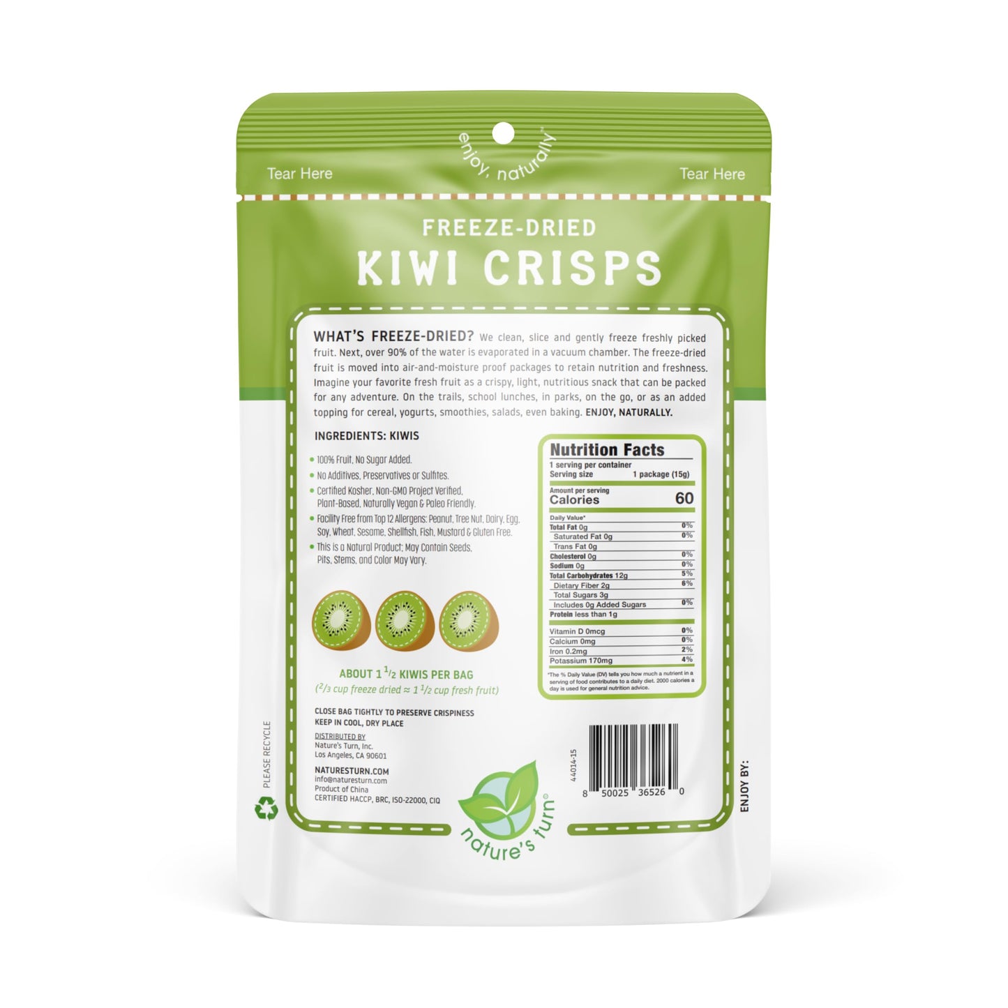 Natures Turn Freeze-Dried Fruit Snacks, Sour Kiwi Crisps, Pack Of 6 (0.53 Oz Each)