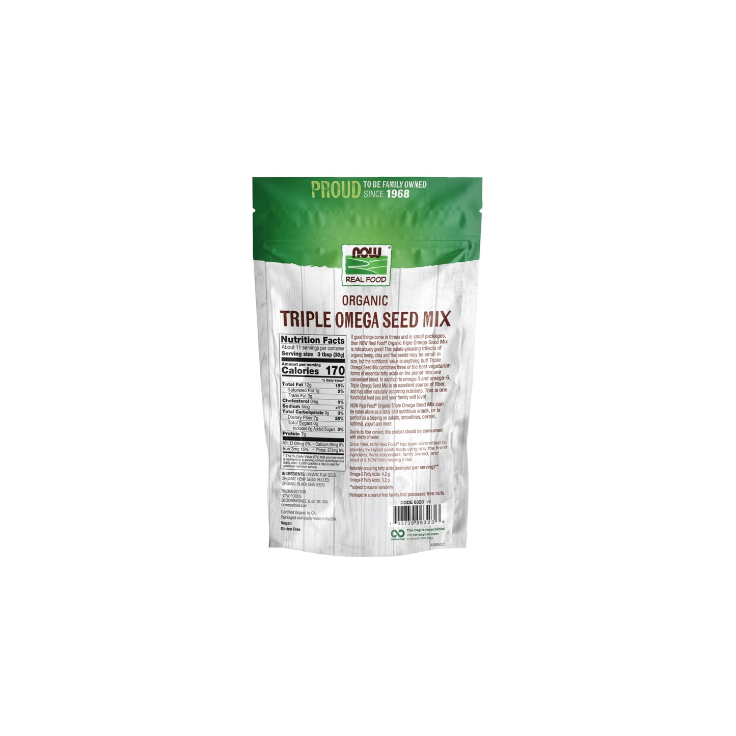Now Foods, Organic Triple Omega Seed Mix, Raw Hemp Seed Hearts, Chia And Flax, Omega-3 And 6 Fatty Acids, Source Of Fiber, Prote