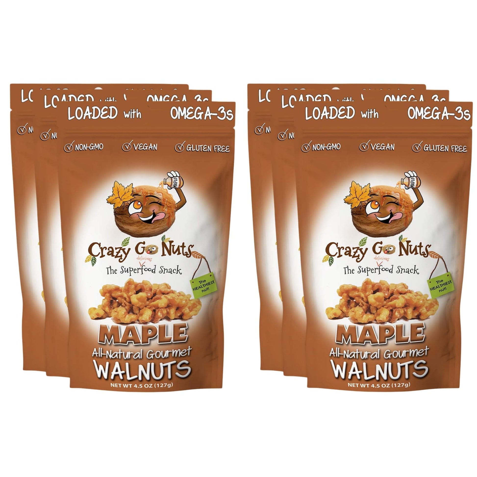 Crazy Go Nuts Walnuts - Maple, 4.5 oz (6-Pack) - Healthy Snacks, Vegan, Low Carb, Gluten Free, Superfood - Natural, Non-GMO, ALA