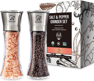 Soeos Salt and Pepper Grinder Set, Organic Whole Black Peppercorns, 3.5oz (100g), Himalayan Pink Salt, 8oz (230g). USDA Organic 