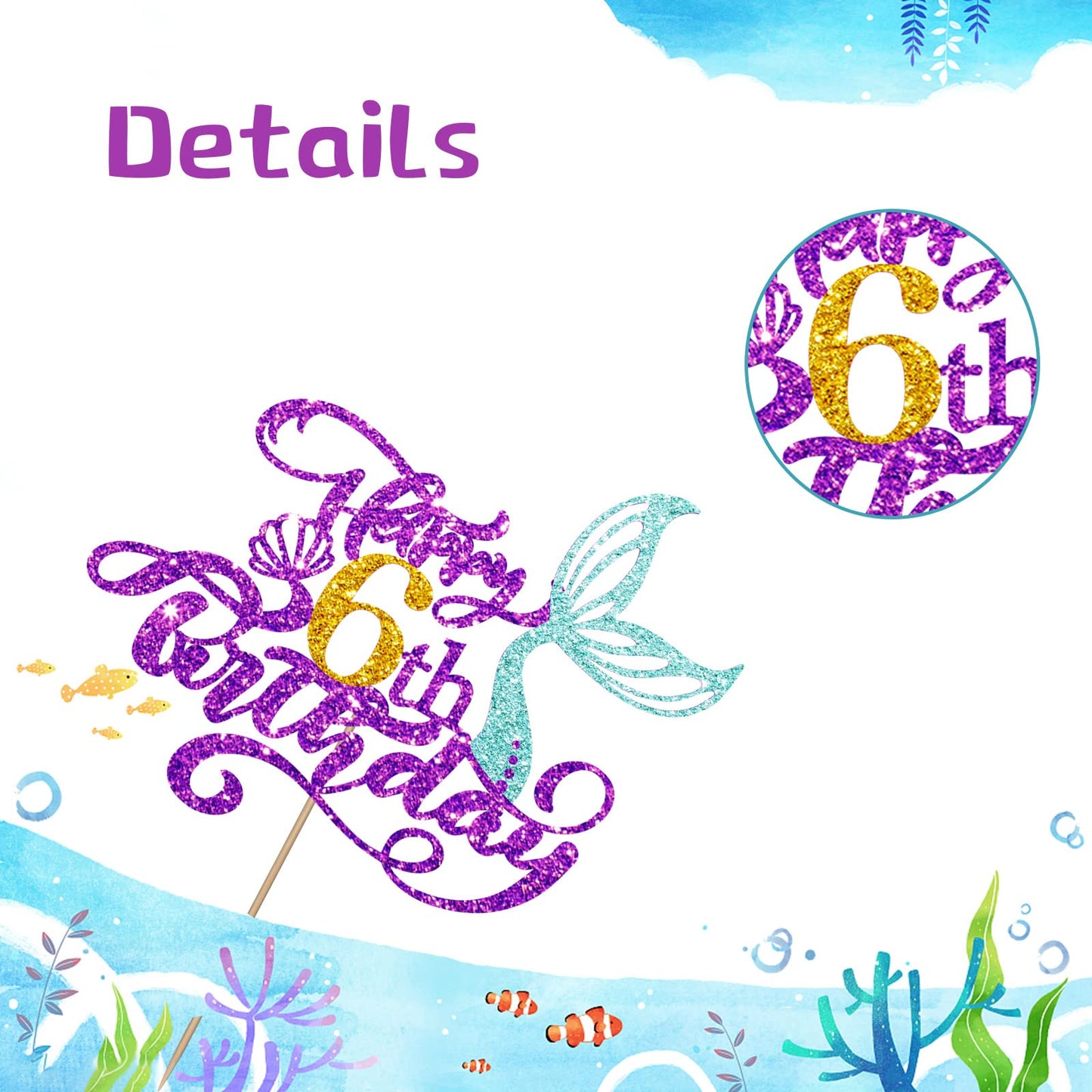 Mermaid 6 Cake Topper, Happy 6Th Birthday Cake Decor For Baby Girl, Little Mermaid 6Th Birthday Party Decoration, Under The Sea