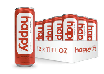 happy coffee canned caramel latte, 11 oz. cans, 12 pack, notes of marshmallow & comfort, 100% arabica beans, no artificial flavo