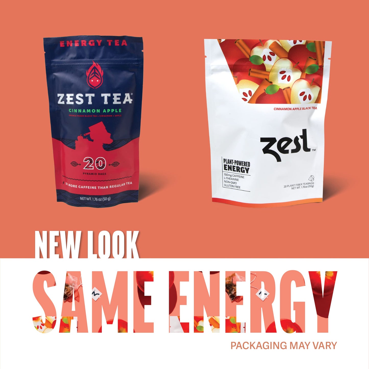 Zest Cinnamon Apple Spice Energy Tea Bags - High Caffeine Black Tea, 150mg Caffeine, 20 Count Pack, Non-GMO, Red