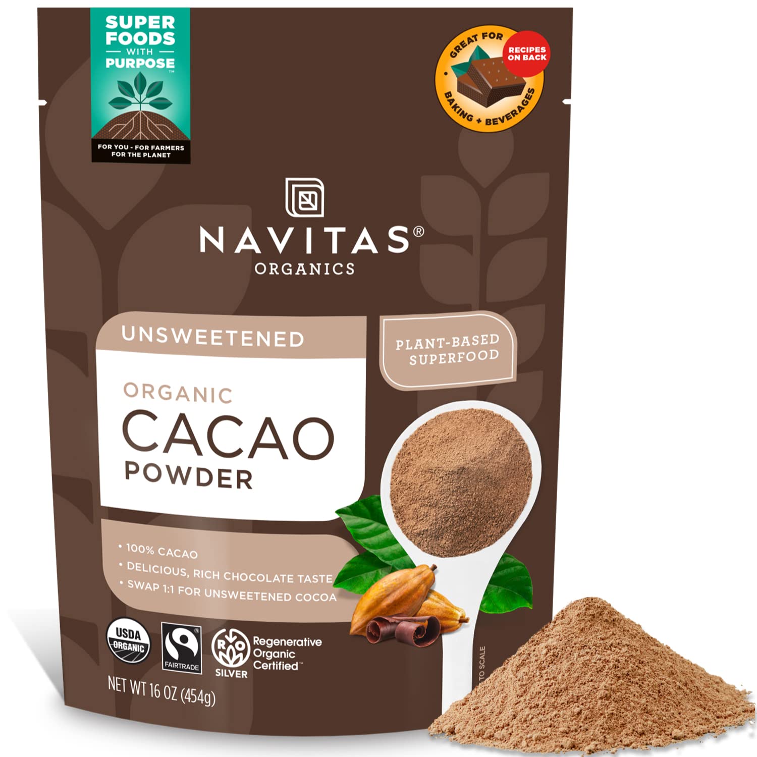 Navitas Organics Organic Cacao Powder  Non-GMO  Fair Trade  Gluten-Free  16 Ounce