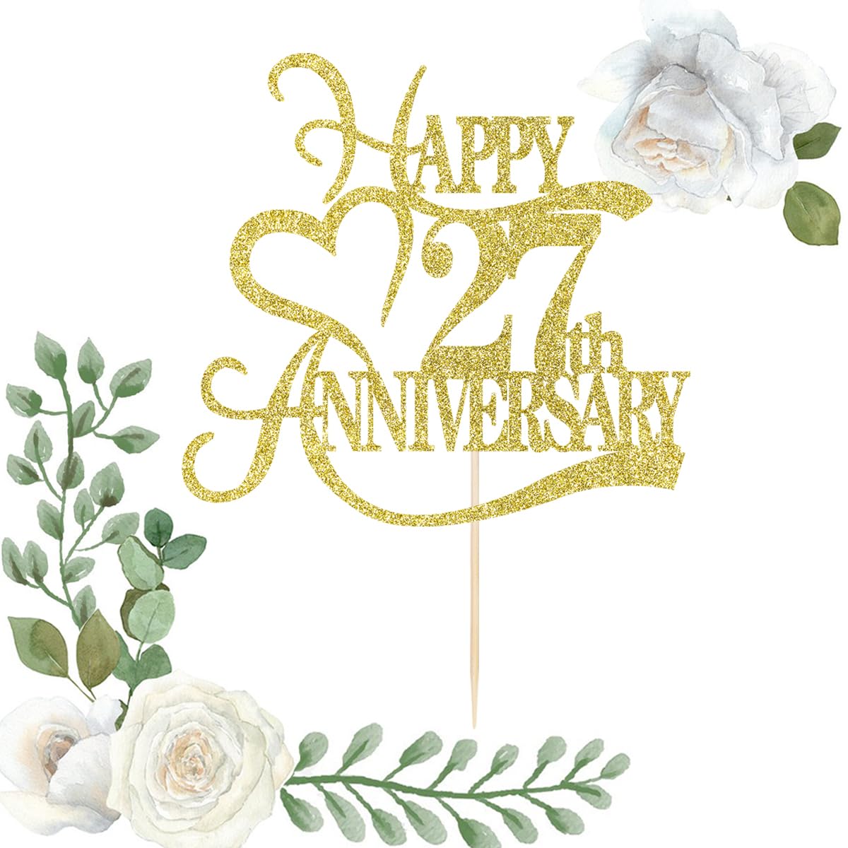 Yetxel Gold Glitter Cake Topper for 27th Anniversary - Paper Decoration, 27th Wedding/Birthday Party, Elegant Design
