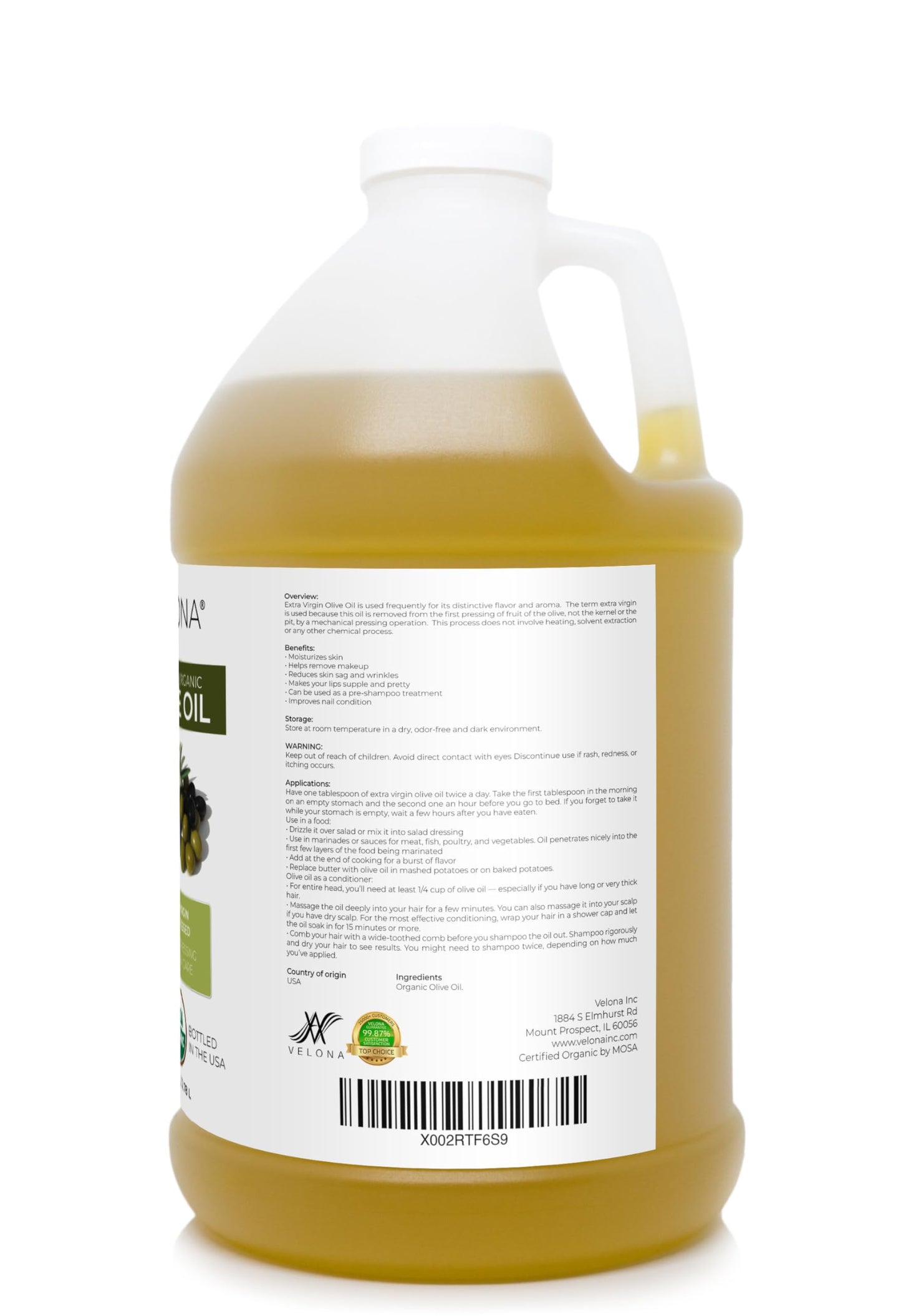 Velona Usda Certified Organic Olive Oil - 1 Gallon / 128 Fl Oz | 100% Pure And Natural Carrier Oil | Extra Virgin, Unrefined, Co