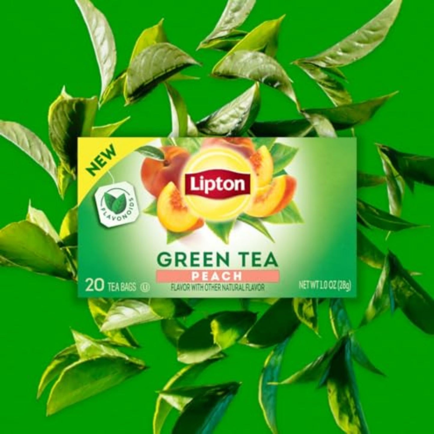 Lipton Peach Green Tea Bags, Flavored Unsweetened, 20 Count, Caffeine and Flavonoids, Model 800323