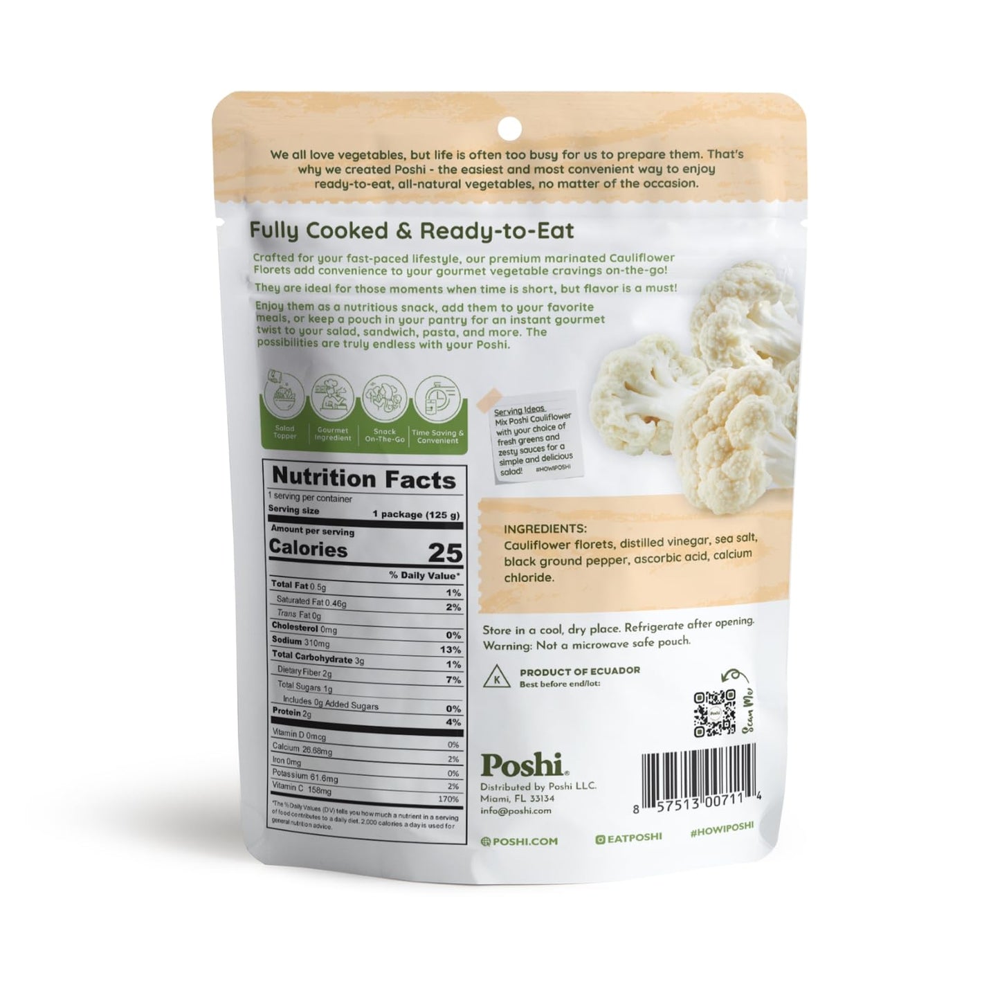 Poshi Marinated Cauliflower Florets | With Salt + Black Pepper | All Natural, Keto, Vegan, Paleo, Non Gmo, Low Carb + Calorie, G
