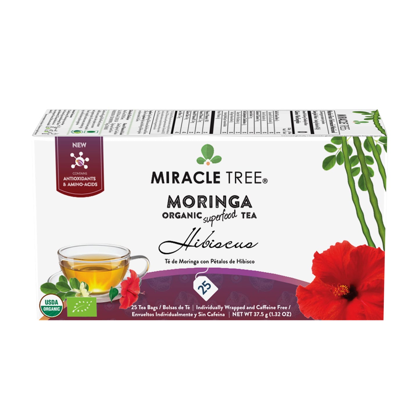 Tree Organic Moringa Superfood Tea - 25 Individually Sealed Bags, 3 Count, Vegan, Gluten-Free, Caffeine-Free