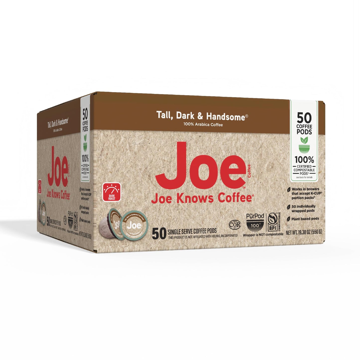Joe Knows Coffee Single Serve Coffee  Tall Dark and Handsome  50 Count BPI certified compostable pods