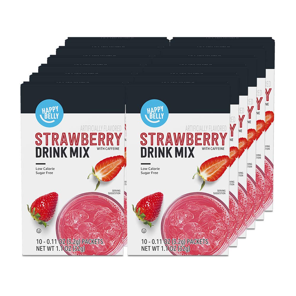 Happy Belly Drink Mix Singles, Strawberry, Caffeine, 1.1 Ounce, 120 Count (12 Packs of 10)