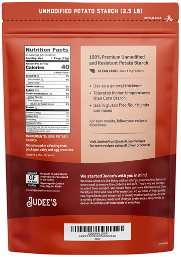 Judees Unmodified Potato Starch 2.5 Lb - Just One Ingredient - Great For Breading, Thickening, Cooking, And Baking - 100% Non-Gm