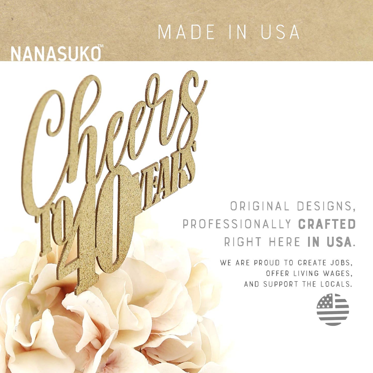 Nanasuko 40Th Birthday Cake Topper - Cheers To 40 Years - Double Sided Gold Glitter, Premium Quality Made In Usa