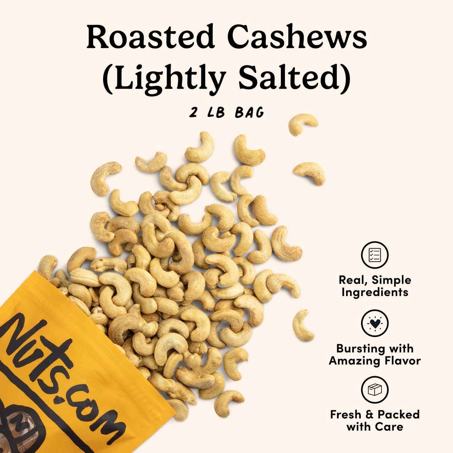 Nuts.com Roasted Cashews - Lightly Salted, Vegan, Gluten-Free, 2 Lb Bag, Healthy Snack, Good Source of Protein & Fiber