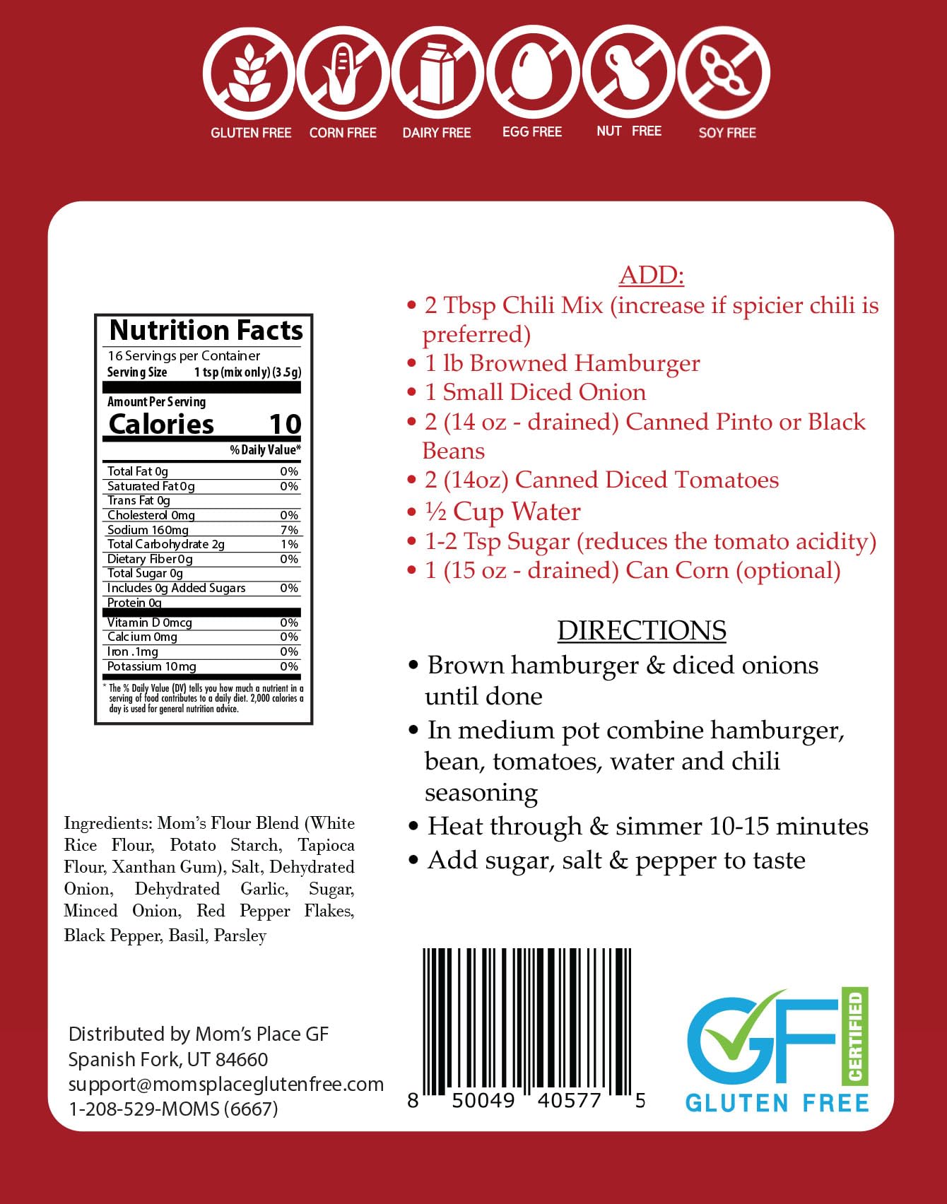Mom'S Place Gluten-Free Mild Chili Seasoning Mix, Soy Free, Dairy Free & Vegan,16 Servings, 2.0 Oz.