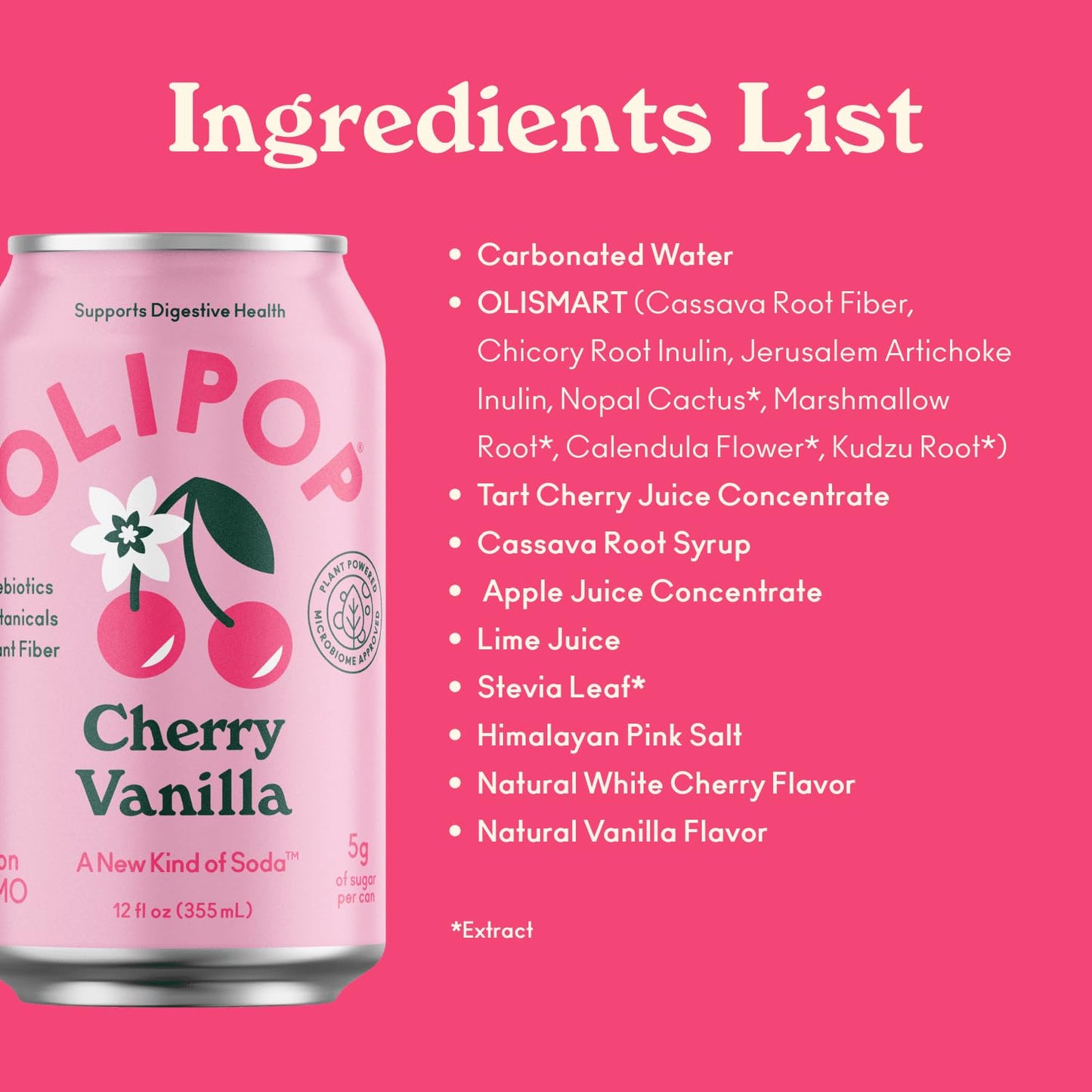 OLIPOP Prebiotic Soda Pop, Cherry Vanilla, A New Kind of Soda Packed with Prebiotics, Fiber, and Botanicals, Gluten Free, Vegan,