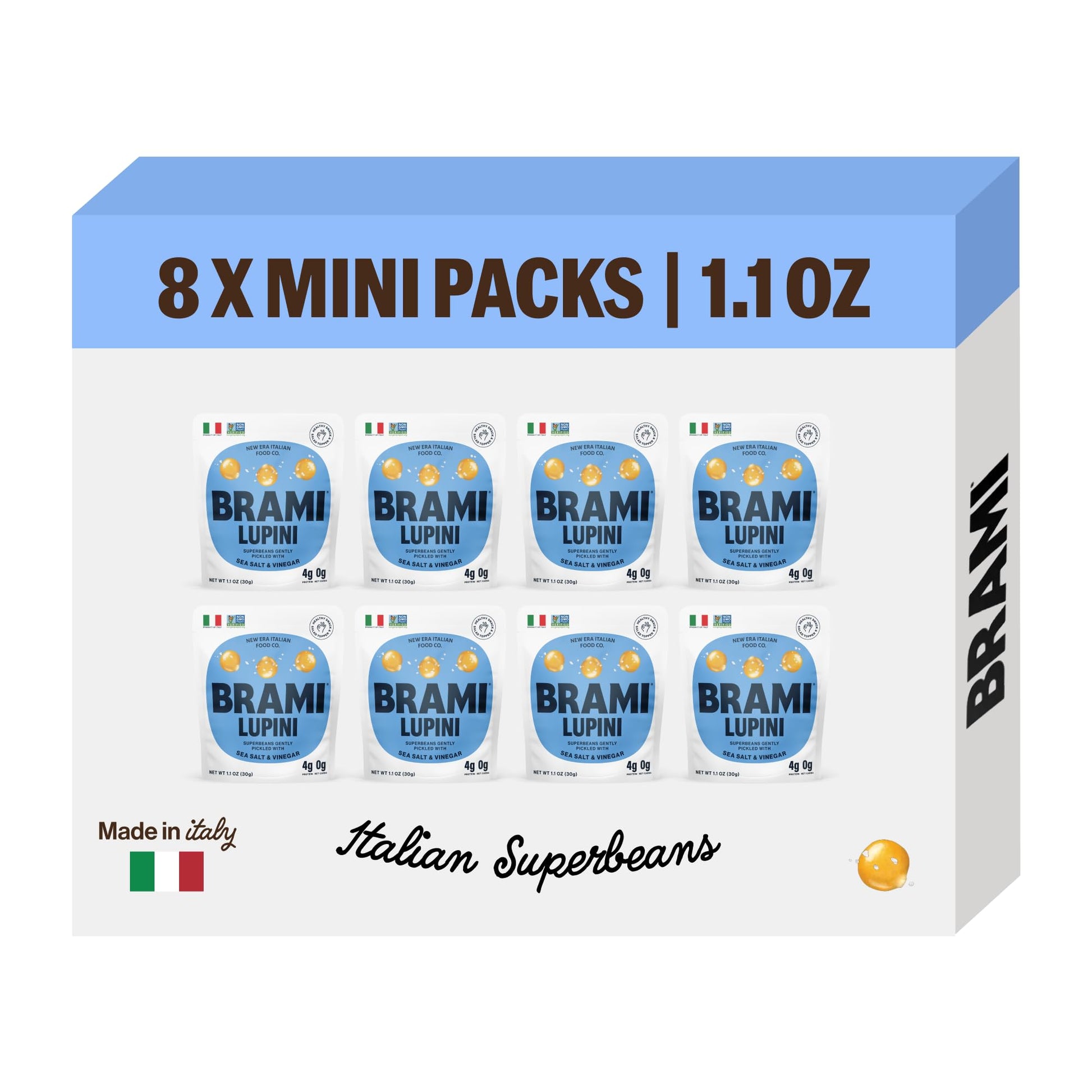 BRAMI Lupini Beans Snack | Vegan, Keto, 4g Protein, 0g Net Carbs | Sea Salt & Vinegar | 1.06 Ounce (Pack of 8)