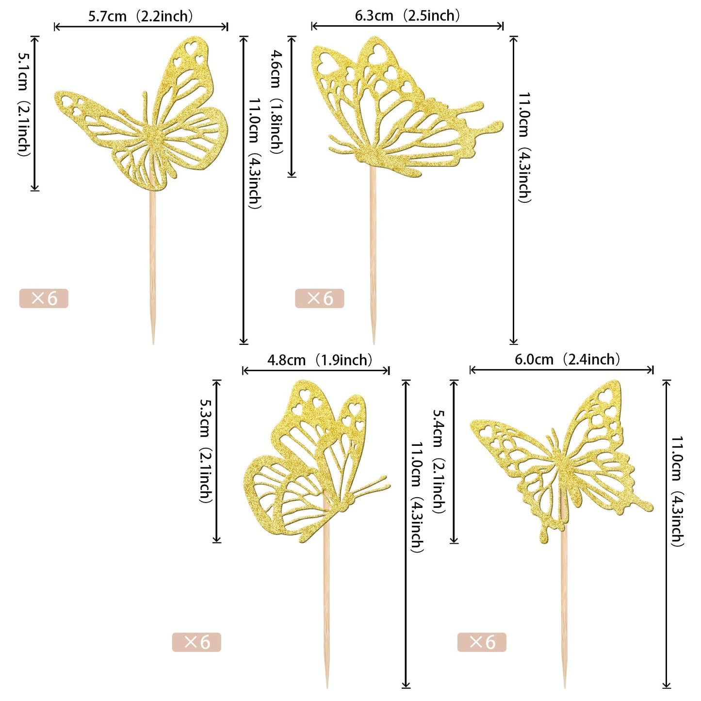 Rssta i Butterfly Cupcake Toppers, Gold Glitter, 24 Pack, Assembled for Baby Shower, Wedding, Kids Birthday Party Decorations
