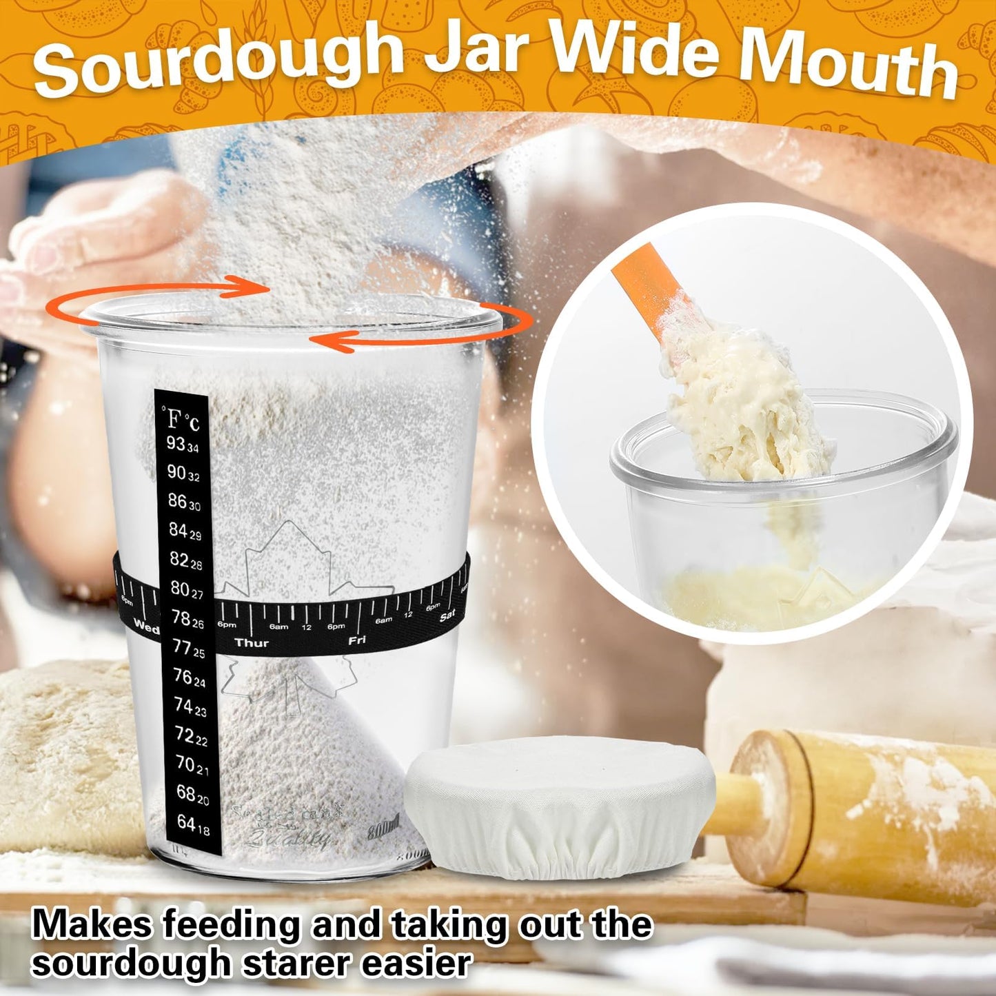 Polyhnia Sourdough Starter Jar, Wide Mouth Glass Kit For Easy Fermentation, Reusable 27 Oz Bread Baking Supplies For Bakery Lovers