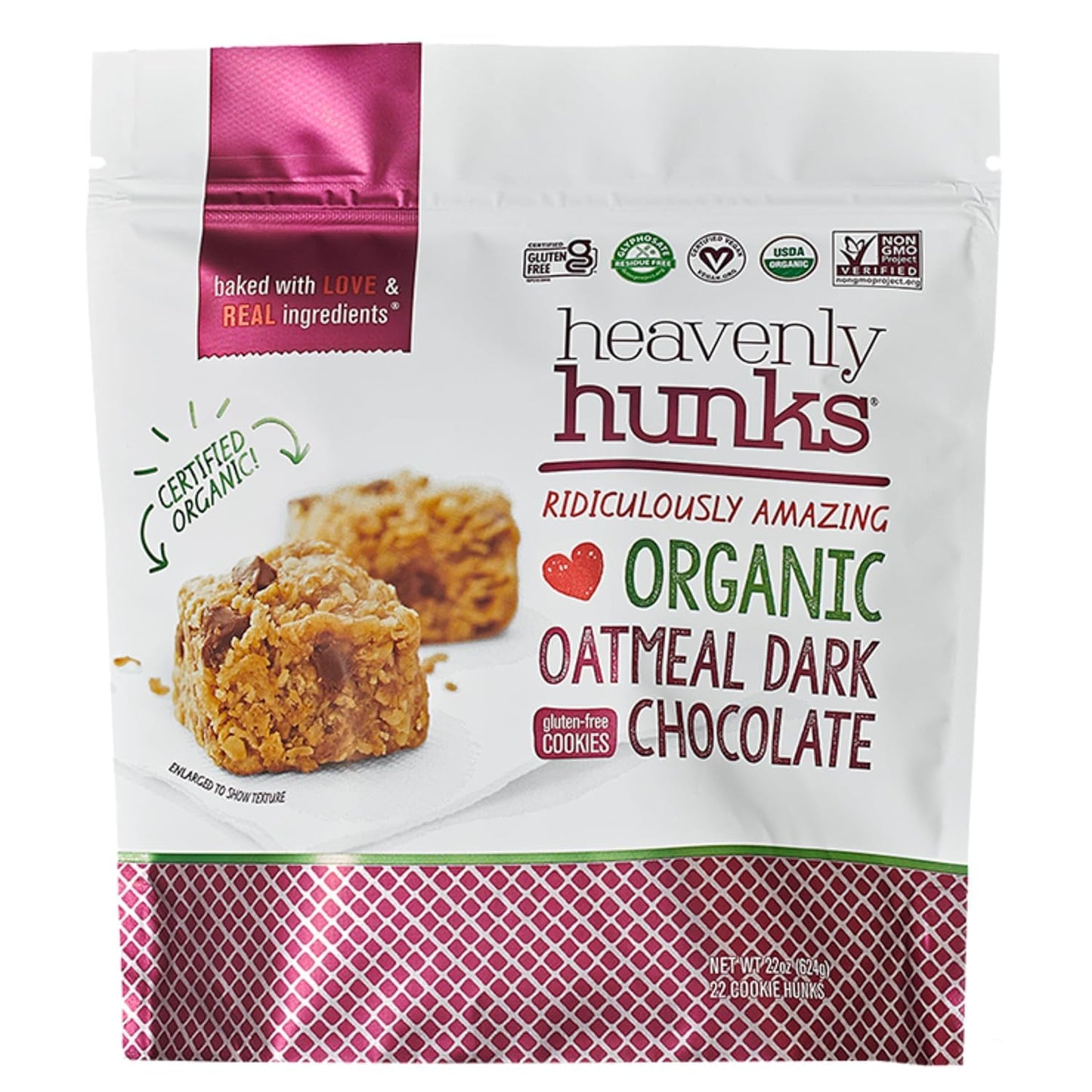 HeavenlyHunks Organic Oatmeal Dark Chocolate Cookies, Gluten-Free, 22 Cookie Hunks, 7.2 oz