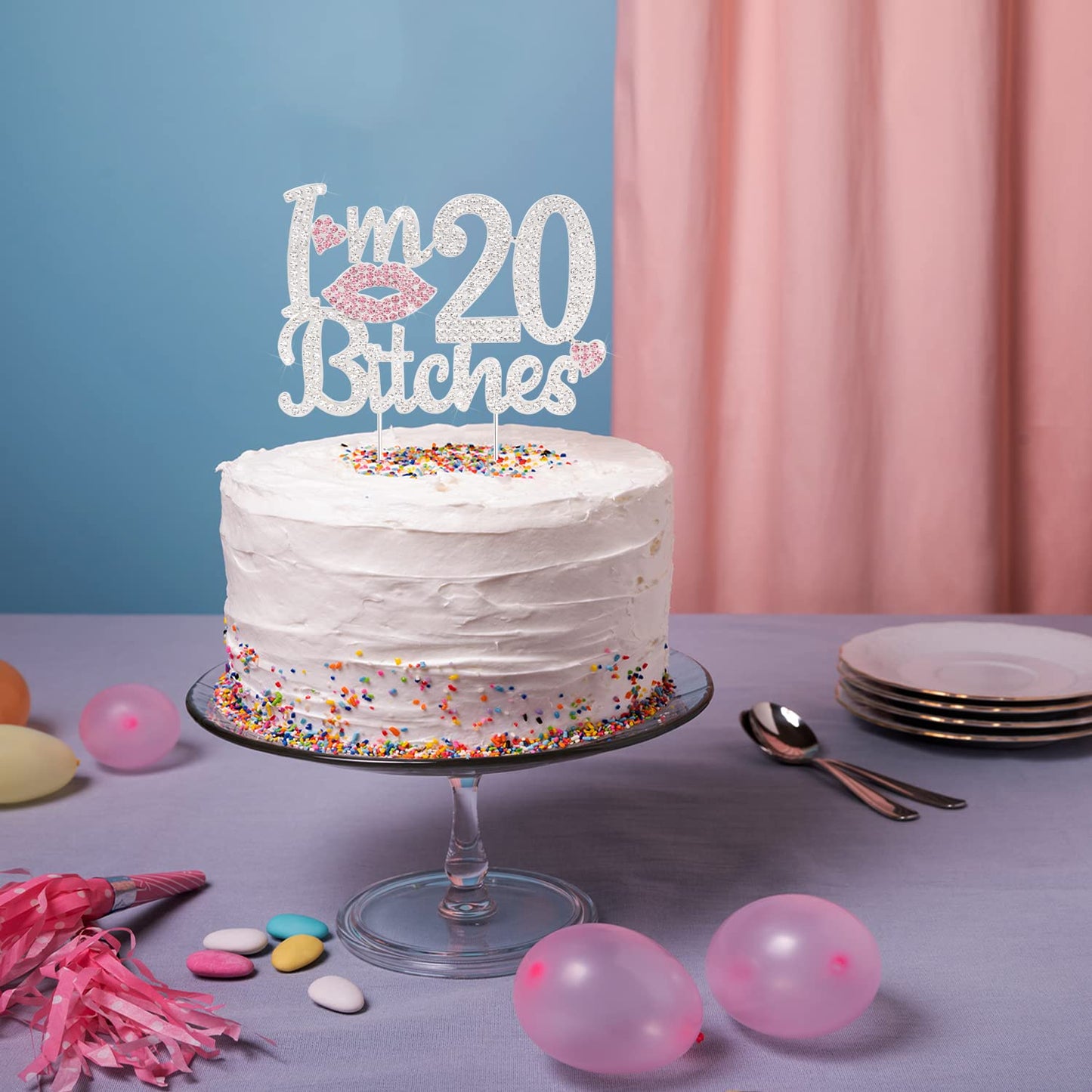 Laskyer I'M 20Th Funny Birthday Pink Rhinestone Cake Topper - Happy 20Th Birthday Cheers To 20 Years Old Twenty Bday Party Metal