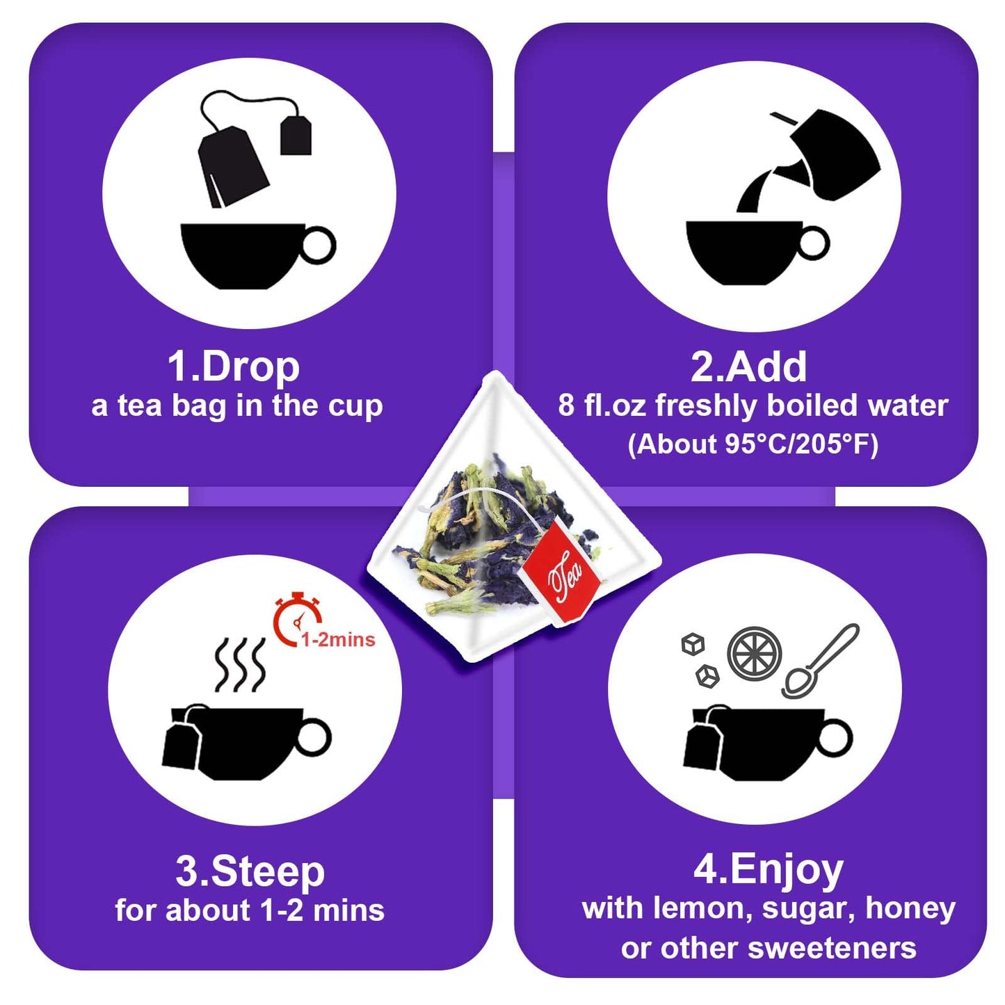 TEARELAE Butterfly Pea Flower Tea - 50 Count Tea Bags, Caffeine-Free, Non-GMO, Natural Coloring for Food and Iced Tea
