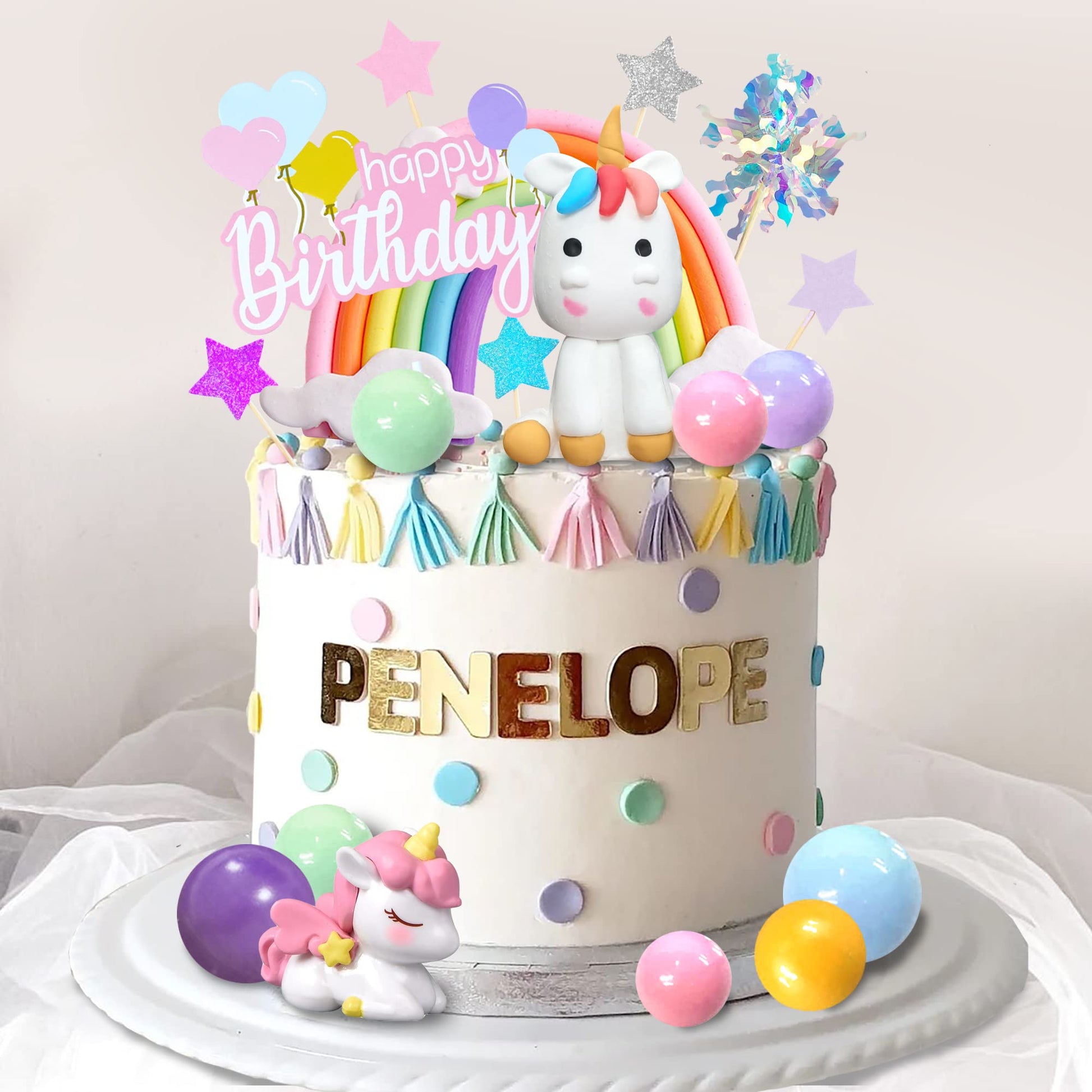 DRWATE 18 PCS Unicorn Cake Topper Set, Rainbow Stars & Foil Firework Balls, 0.78 inches, Kids Birthday Decorations (Style 1)