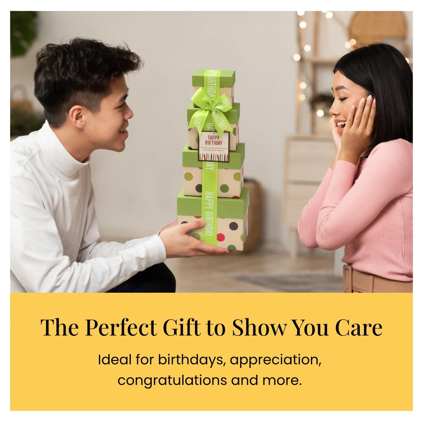 Broadway Basketeers Birthday Gift Basket Tower With Large 16Oz. Insulated Gift Mug.Share Fun With Happy Birthday Gift Tower Filled With Chocolates, Sweets & Truffle Cocoa.Perfect For Mom,Dad & Friends