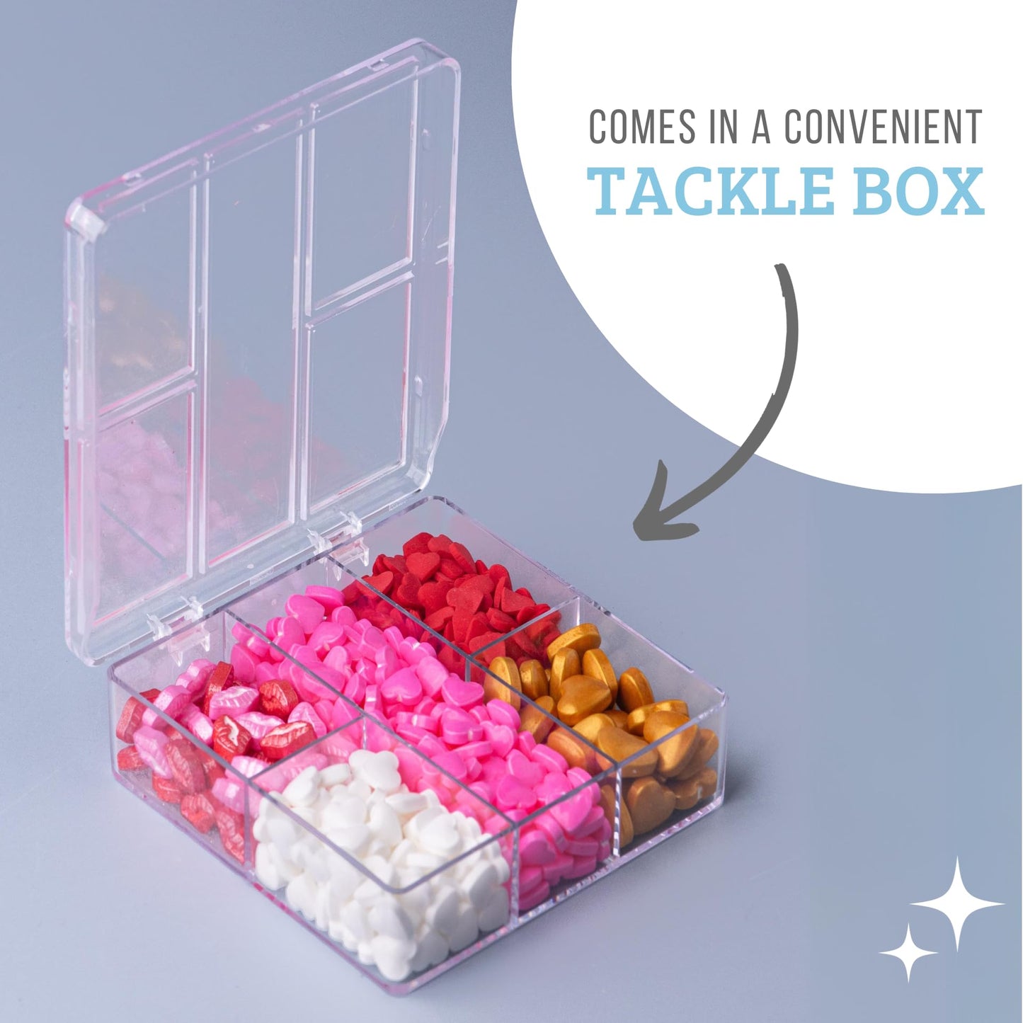 Sweets Indeed Valentines Heart Tacklebox, Edible Heart Shapes, Assorted Variety, Perfect For Cake Decorations, Baking, Ice Cream