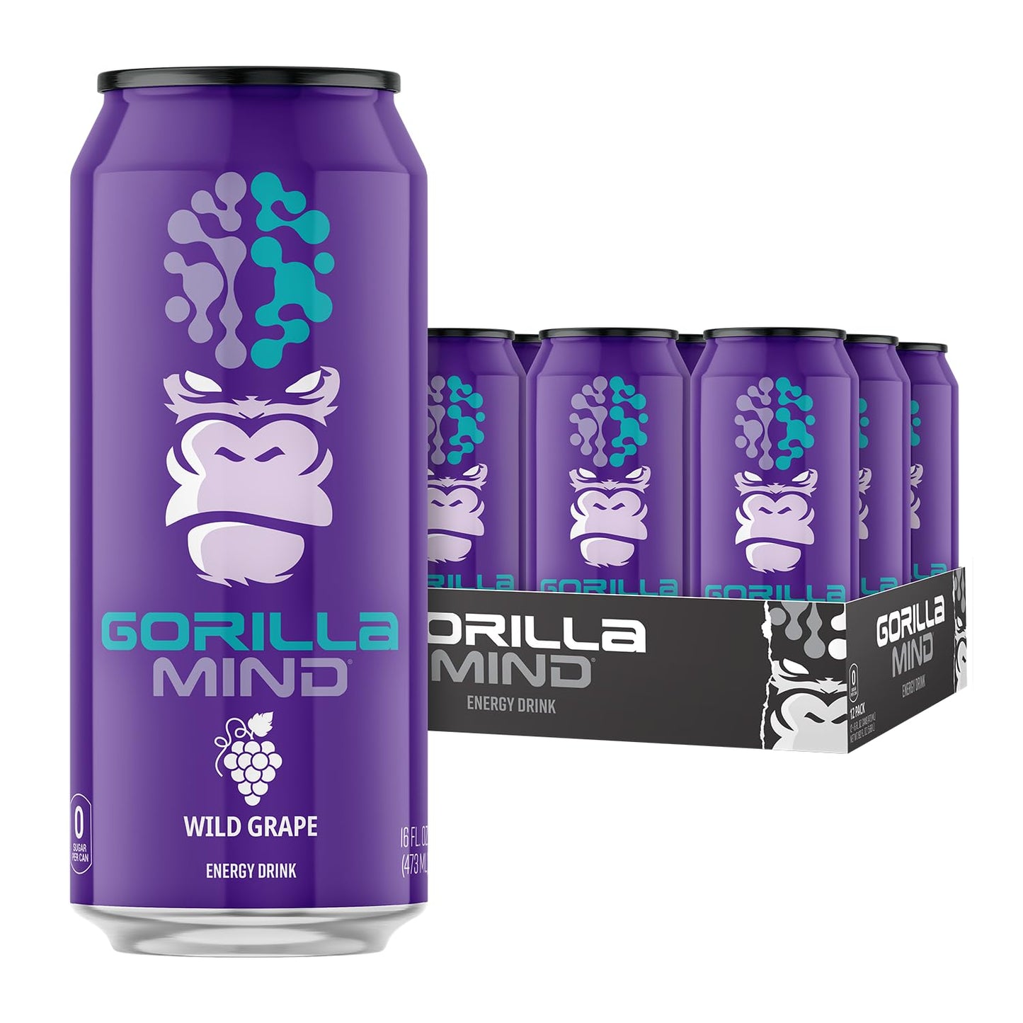 Gorilla Mind Energy Drink | Unmatched Energy  Amplified Focus | N-Acetyl-L-Tyrosine  Alpha-GPC  200mg Caffeine  Uridine  Saffron | 0 Sugar Or Artificial Colors | 16oz  12-Pack (Wild G)