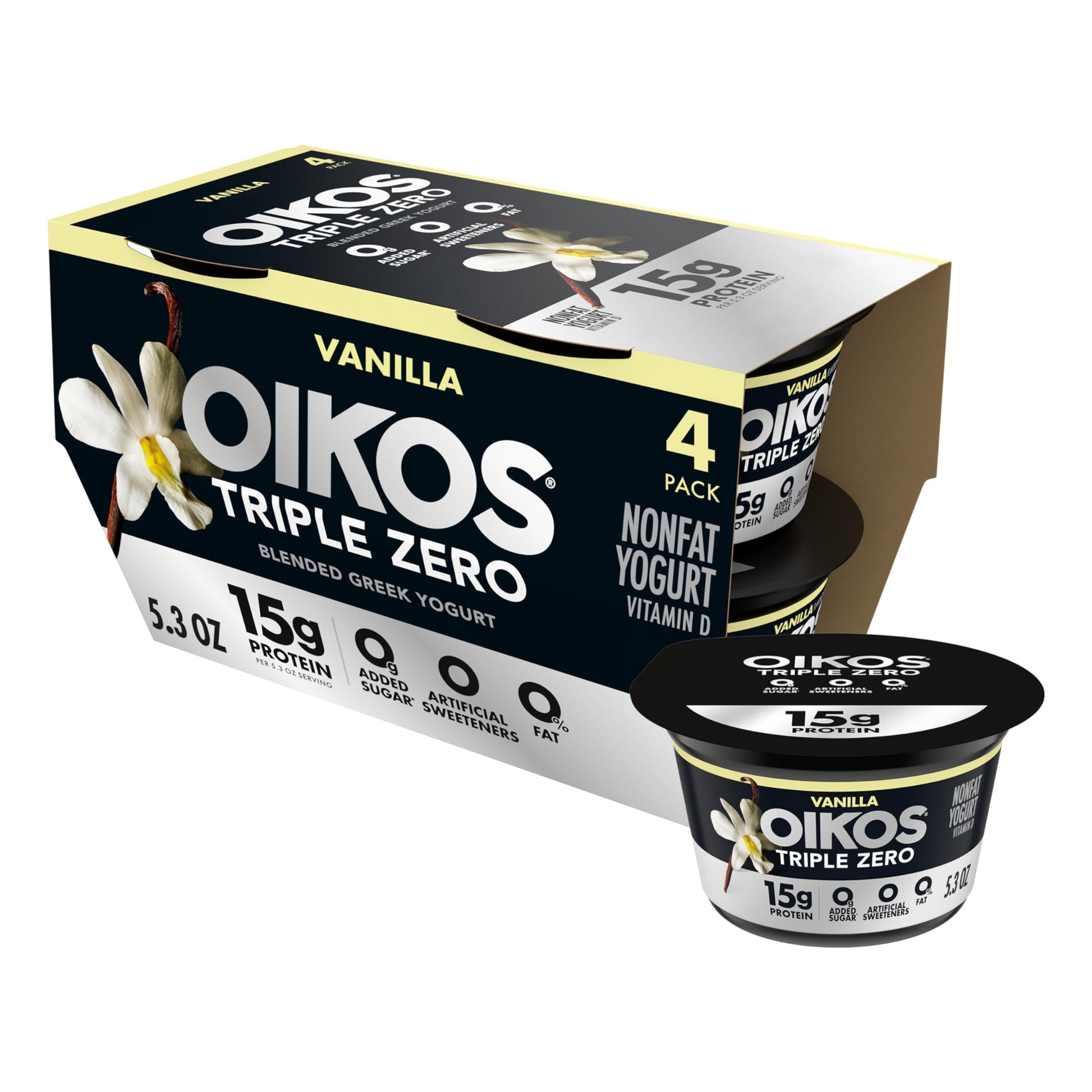Oikos Triple Zero Vanilla Nonfat Greek Yogurt Pack, 0% Fat, 0g Added Sugar and 0 Artificial Sweeteners, Just Delicious High Prot