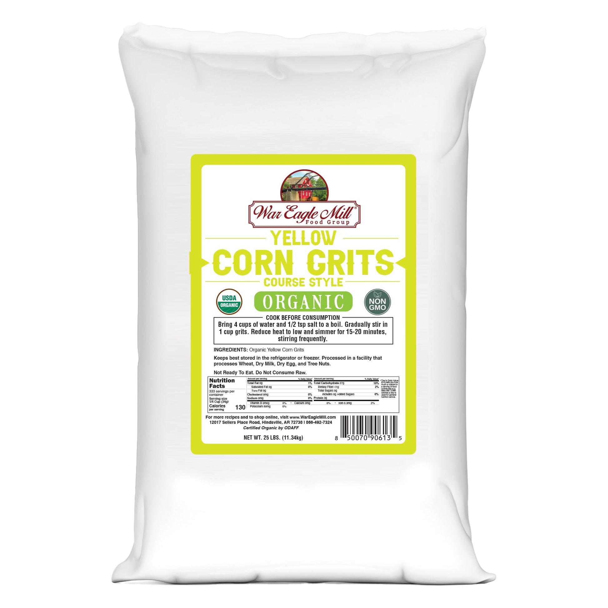 War Eagle Mill Organic Yellow Corn Grits, 25 Pounds